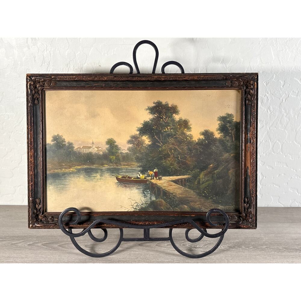 Vintage 1907 Taber Prang Art Chromolithograph Print Lake Dock Scene 15"x10"